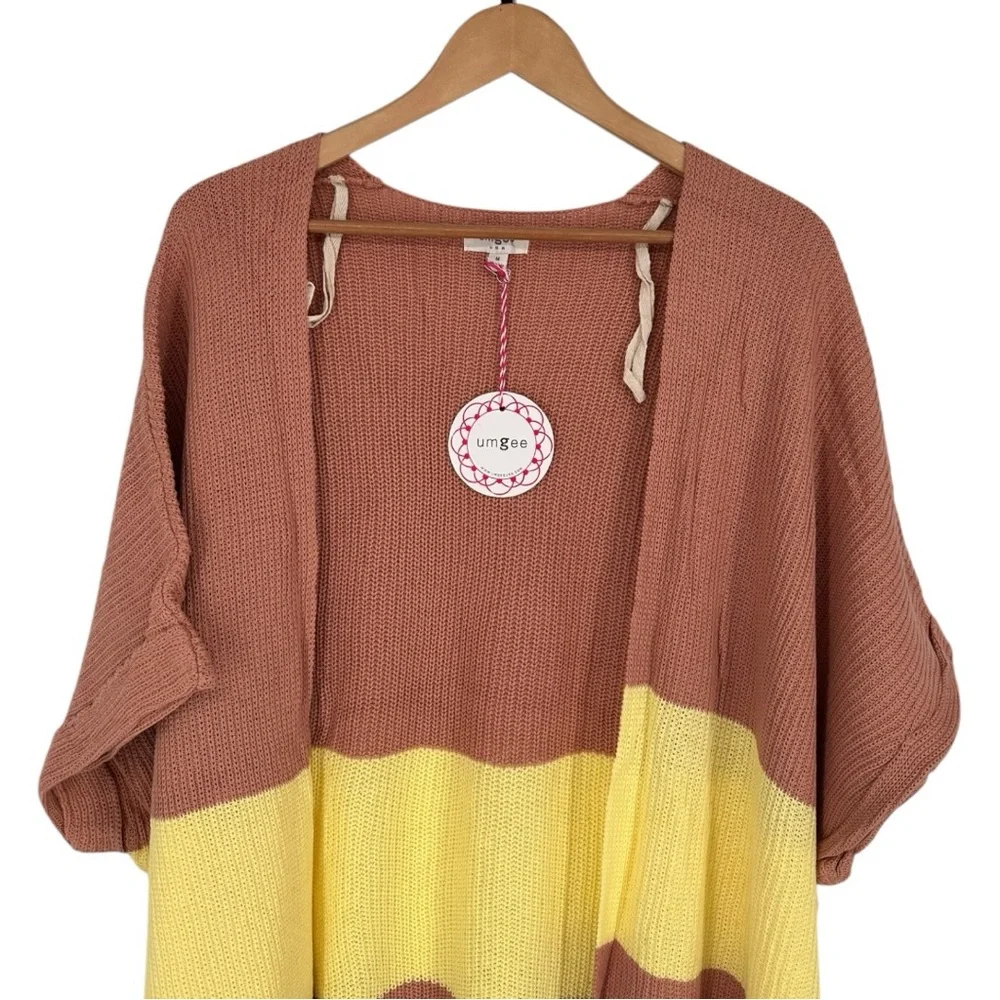Umgee Color Block Open Front Longline Cardigan size Medium NWT Tan Yellow